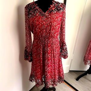 Tahari Red Floral Dress with Lace Cut Out and Dress Lining, US M